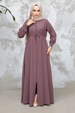 Fermuarlı Gül Kurusu Tesettür Abaya 81291GK