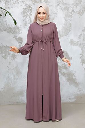 Fermuarlı Gül Kurusu Tesettür Abaya 81291GK