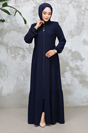 Fermuarlı Lacivert Tesettür Abaya 8133L