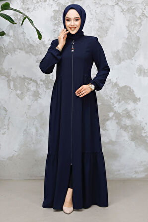 Fermuarlı Lacivert Tesettür Abaya 8133L