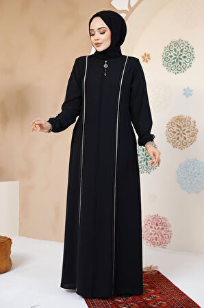 Şerit Detaylı Siyah Tesettür Abaya 8148S