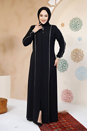 Şerit Detaylı Siyah Tesettür Abaya 8148S