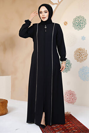 Şerit Detaylı Siyah Tesettür Abaya 8148S