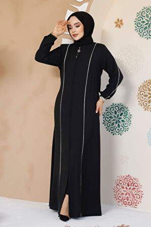 Şerit Detaylı Siyah Tesettür Abaya 8148S