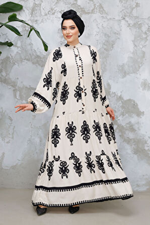 Çiçek Desenli Bej Tesettür Elbise 25491BEJ