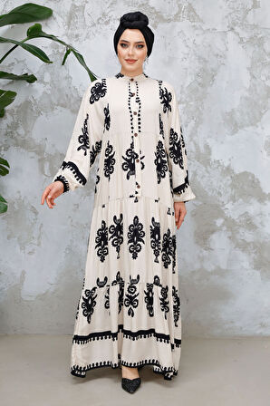 Çiçek Desenli Bej Tesettür Elbise 25491BEJ