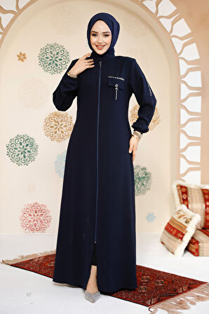 Fermuarlı Lacivert Tesettür Abaya 61361L