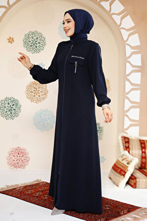 Fermuarlı Lacivert Tesettür Abaya 61361L