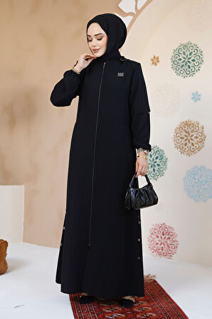 Fermuarlı Siyah Tesettür Abaya 61362S
