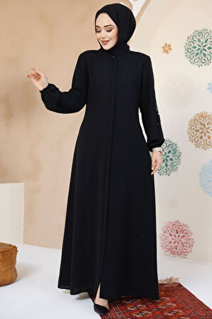 Fermuarlı Siyah Tesettür Abaya 61364S