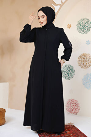 Fermuarlı Siyah Tesettür Abaya 61364S