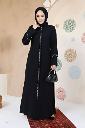 Boncuk İşlemeli Siyah Tesettür Abaya 61365S