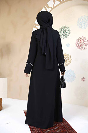 Boncuk İşlemeli Siyah Tesettür Abaya 61365S