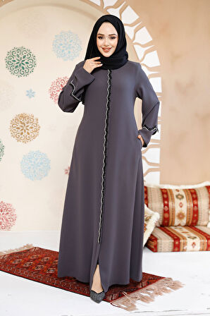 Boncuk İşlemeli Füme Tesettür Abaya 61365FU