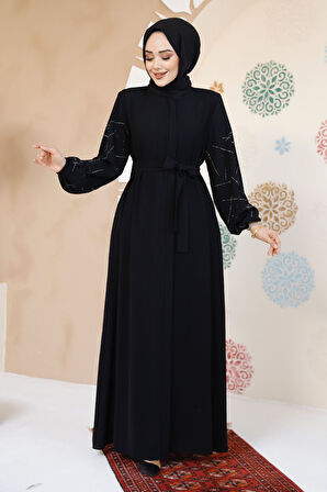 Kolları Desenli Siyah Tesettür Abaya 61366S