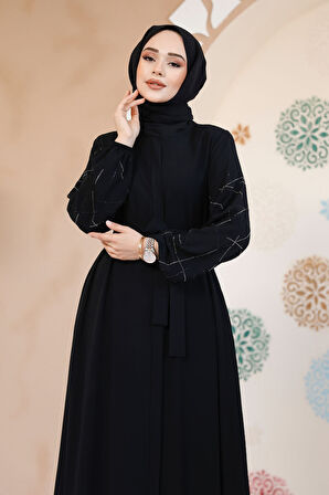 Kolları Desenli Siyah Tesettür Abaya 61366S