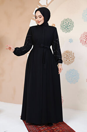Kolları Desenli Siyah Tesettür Abaya 61366S