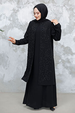 Boncuk İşlemeli Siyah Tesettür Abaya 29121S