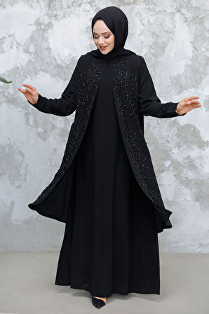 Boncuk İşlemeli Siyah Tesettür Abaya 29121S