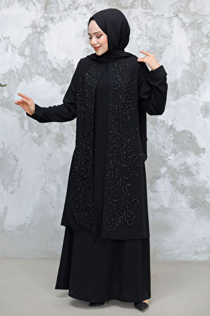 Boncuk İşlemeli Siyah Tesettür Abaya 29121S