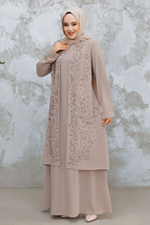 Boncuk İşlemeli Bej Tesettür Abaya 29121BEJ