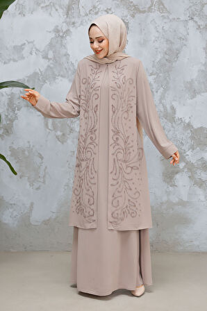Boncuk İşlemeli Bej Tesettür Abaya 29121BEJ