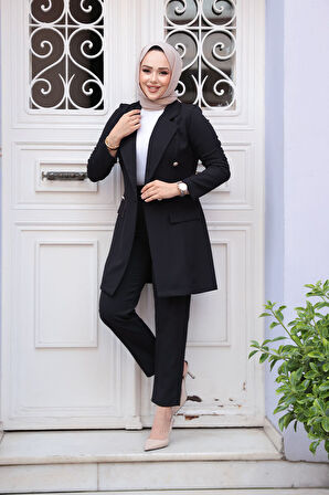 Blazer Ceketli Siyah Tesettür Etekli İkili Takım 5994S