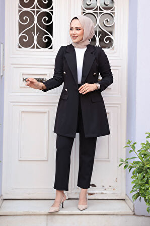 Blazer Ceketli Siyah Tesettür Etekli İkili Takım 5994S