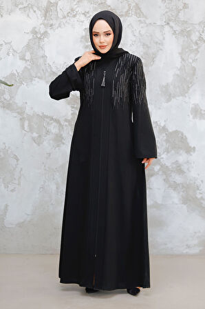 Desenli Siyah Tesettür Abaya 15079S