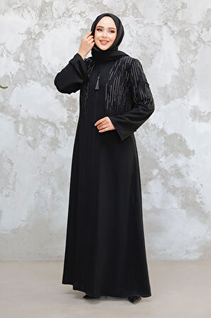 Desenli Siyah Tesettür Abaya 15079S