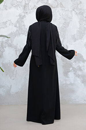 Desenli Siyah Tesettür Abaya 15079S