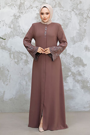 Nakış Desenli Gül Kurusu Tesettür Abaya 98221GK