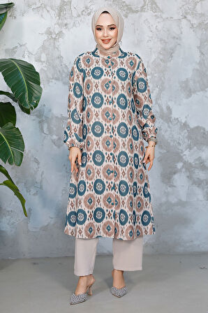 Desenli Zümrüt Yeşili Tesettür İkili Takım 10692ZY