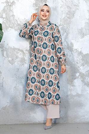 Desenli Zümrüt Yeşili Tesettür İkili Takım 10692ZY