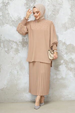 İnci İşlemeli Camel Tesettür Etekli İkili Takım 10991C