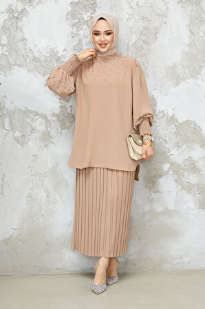 İnci İşlemeli Camel Tesettür Etekli İkili Takım 10991C