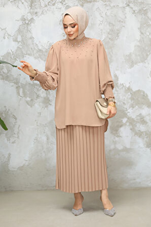 İnci İşlemeli Camel Tesettür Etekli İkili Takım 10991C