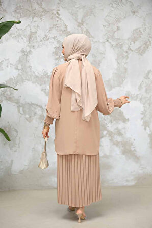İnci İşlemeli Camel Tesettür Etekli İkili Takım 10991C