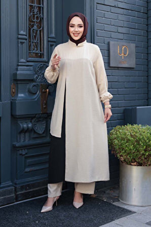 Blok Renk Detaylı Bej Tesettür İkili Takım 65881BEJ