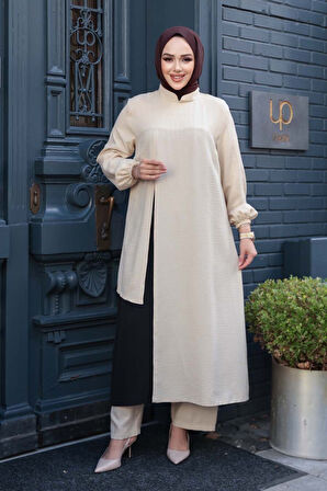 Blok Renk Detaylı Bej Tesettür İkili Takım 65881BEJ