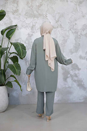 İnci İşlemeli Çağla Yeşili Tesettür İkili Takım 65883CY