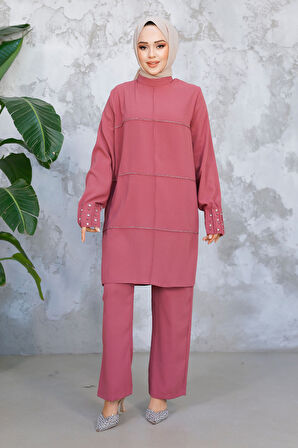 İnci İşlemeli Gül Kurusu Tesettür İkili Takım 65883GK