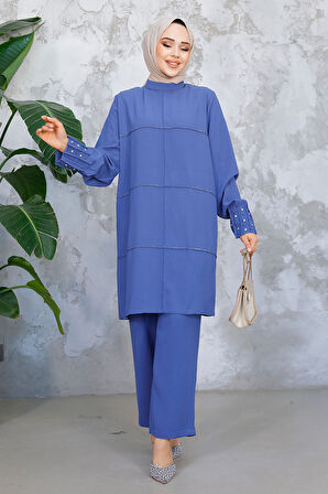 İnci İşlemeli İndigo Mavisi Tesettür İkili Takım 65883IM
