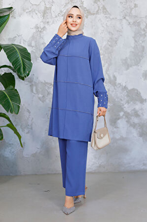 İnci İşlemeli İndigo Mavisi Tesettür İkili Takım 65883IM
