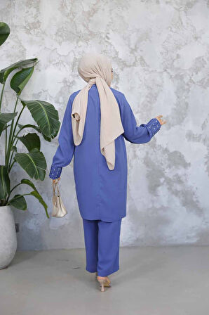 İnci İşlemeli İndigo Mavisi Tesettür İkili Takım 65883IM