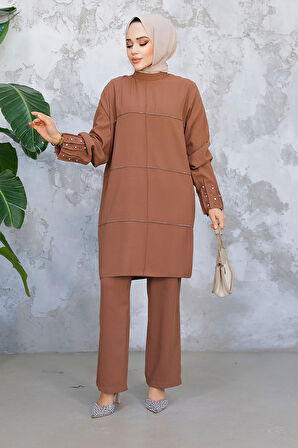 İnci İşlemeli Çikolata Tesettür İkili Takım 65883CK