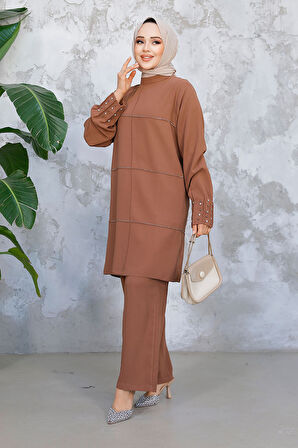 İnci İşlemeli Çikolata Tesettür İkili Takım 65883CK