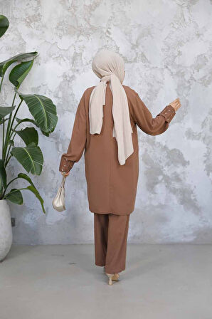 İnci İşlemeli Çikolata Tesettür İkili Takım 65883CK