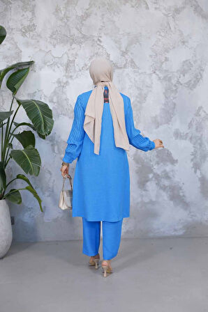 Kolları Pileli Mavi Tesettür İkili Takım 51991M