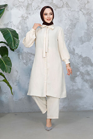 Kolları Pileli Krem Tesettür İkili Takım 51991KR
